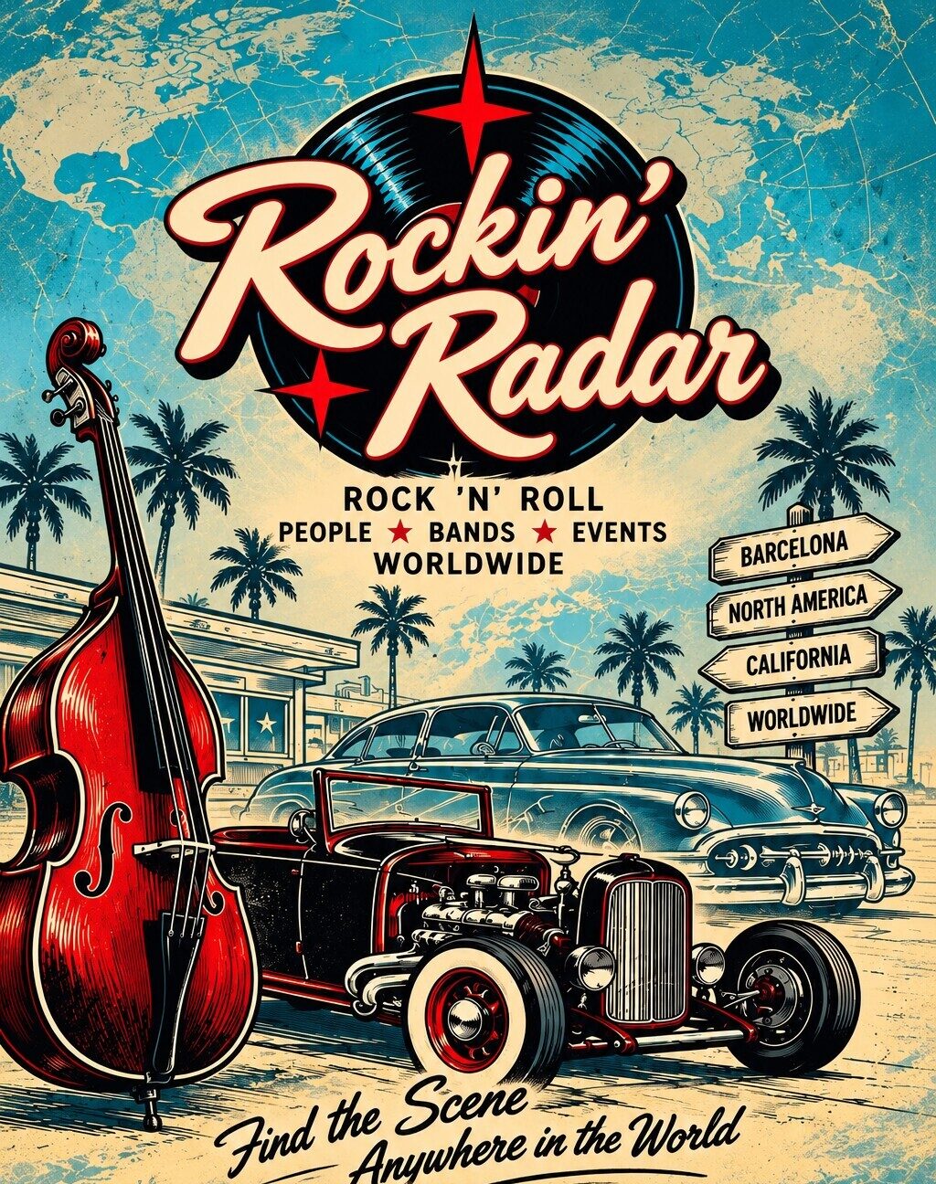 Rockin' Radar artwork: a red double bass and a hot rod in front of a palm-lined diner